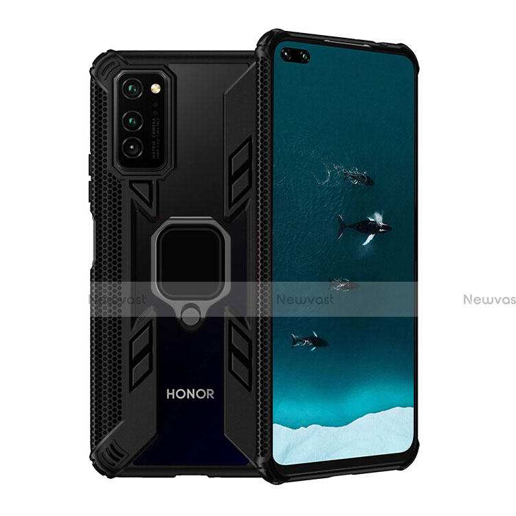 Silicone Matte Finish and Plastic Back Cover Case with Magnetic Finger Ring Stand R02 for Huawei Honor View 30 Pro 5G Black