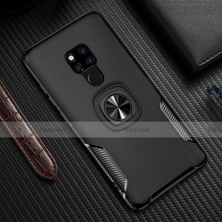 Silicone Matte Finish and Plastic Back Cover Case with Magnetic Finger Ring Stand R02 for Huawei Mate 20 X 5G