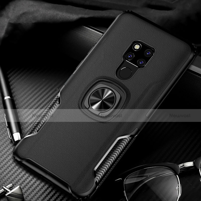 Silicone Matte Finish and Plastic Back Cover Case with Magnetic Finger Ring Stand R02 for Huawei Mate 20 X 5G