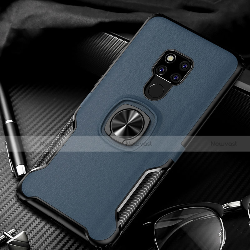 Silicone Matte Finish and Plastic Back Cover Case with Magnetic Finger Ring Stand R02 for Huawei Mate 20 X 5G Blue