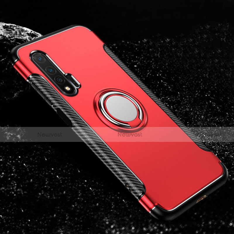 Silicone Matte Finish and Plastic Back Cover Case with Magnetic Finger Ring Stand R02 for Huawei Nova 6 5G Red