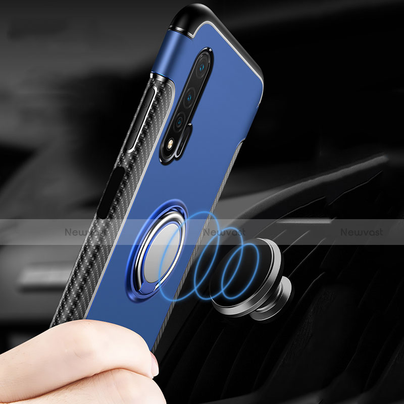 Silicone Matte Finish and Plastic Back Cover Case with Magnetic Finger Ring Stand R02 for Huawei Nova 6