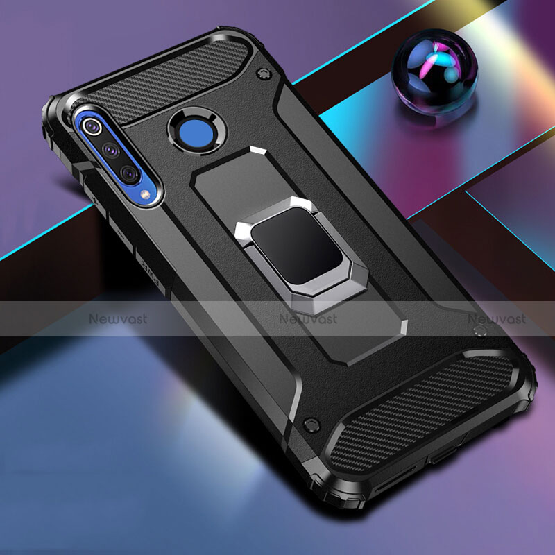 Silicone Matte Finish and Plastic Back Cover Case with Magnetic Finger Ring Stand R02 for Huawei P30 Lite New Edition Black