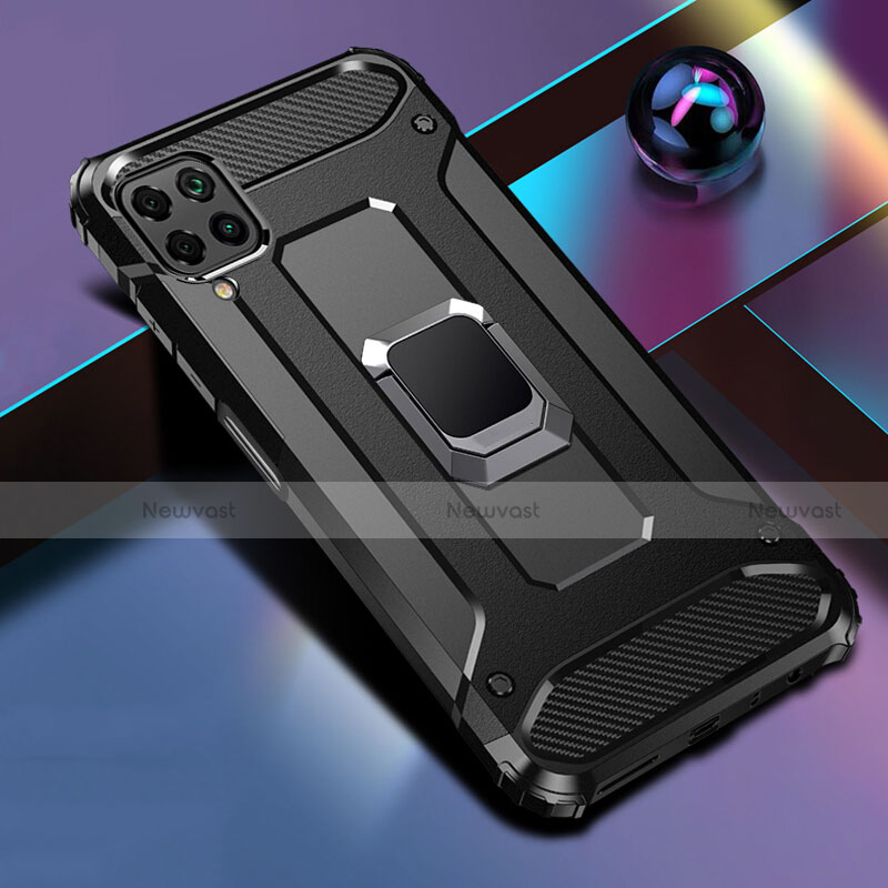 Silicone Matte Finish and Plastic Back Cover Case with Magnetic Finger Ring Stand R02 for Huawei P40 Lite Black