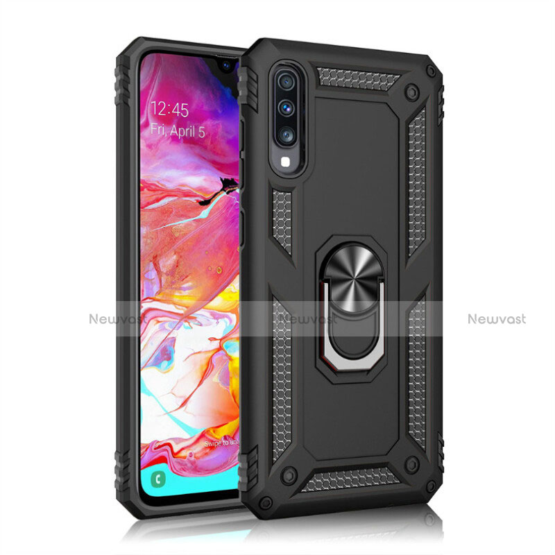 Silicone Matte Finish and Plastic Back Cover Case with Magnetic Finger Ring Stand R02 for Samsung Galaxy A70S
