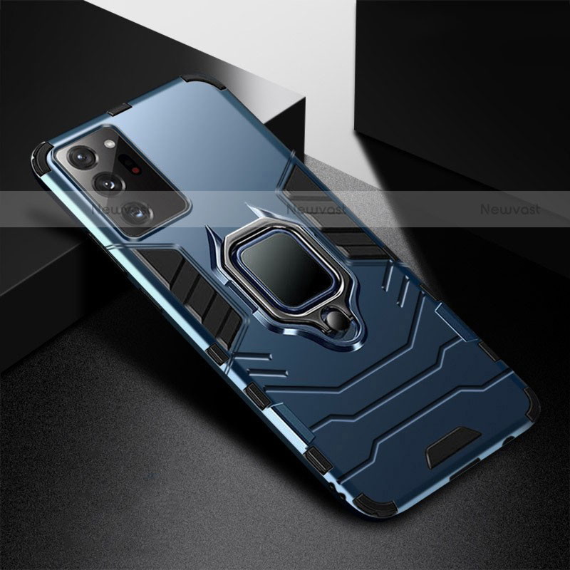Silicone Matte Finish and Plastic Back Cover Case with Magnetic Finger Ring Stand R02 for Samsung Galaxy Note 20 Ultra 5G