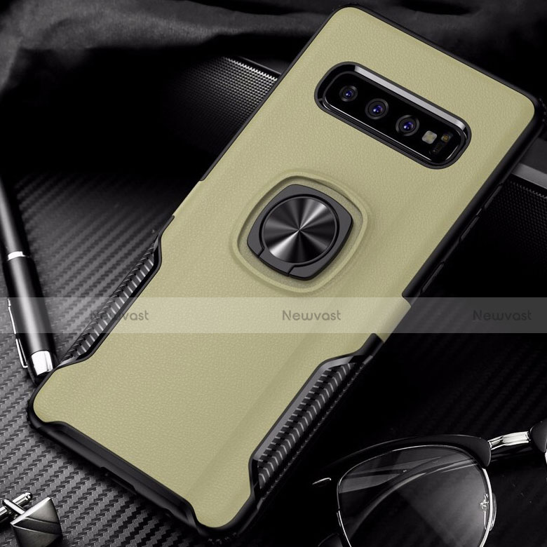 Silicone Matte Finish and Plastic Back Cover Case with Magnetic Finger Ring Stand R02 for Samsung Galaxy S10 5G Gold