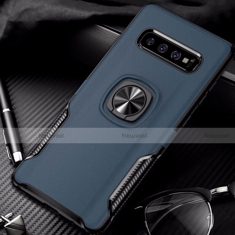 Silicone Matte Finish and Plastic Back Cover Case with Magnetic Finger Ring Stand R02 for Samsung Galaxy S10 Blue