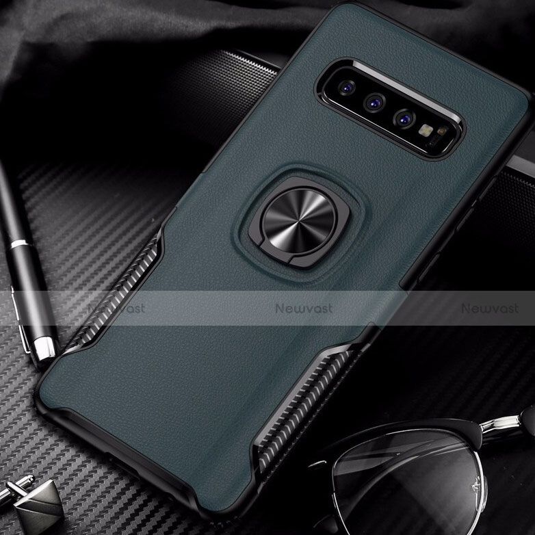 Silicone Matte Finish and Plastic Back Cover Case with Magnetic Finger Ring Stand R02 for Samsung Galaxy S10 Plus