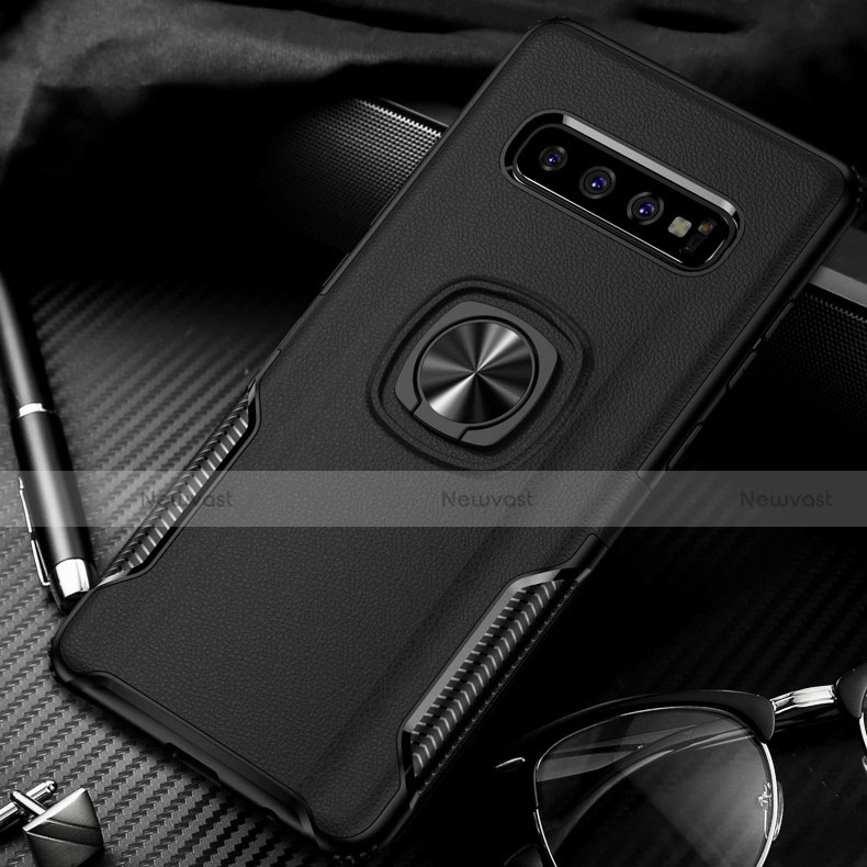 Silicone Matte Finish and Plastic Back Cover Case with Magnetic Finger Ring Stand R02 for Samsung Galaxy S10 Plus Black