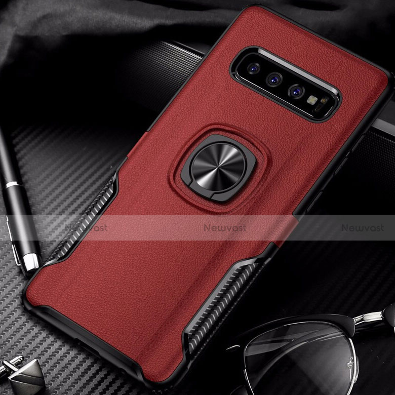 Silicone Matte Finish and Plastic Back Cover Case with Magnetic Finger Ring Stand R02 for Samsung Galaxy S10 Plus Red