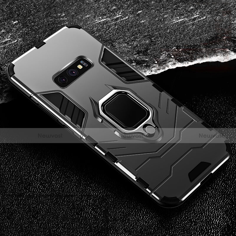 Silicone Matte Finish and Plastic Back Cover Case with Magnetic Finger Ring Stand R02 for Samsung Galaxy S10e