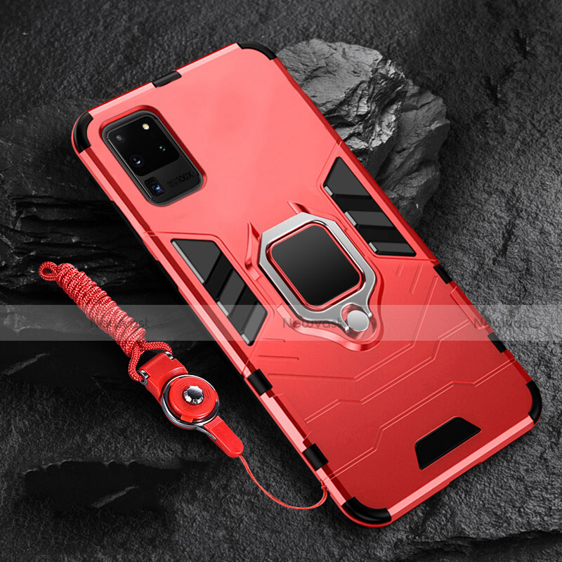 Silicone Matte Finish and Plastic Back Cover Case with Magnetic Finger Ring Stand R02 for Samsung Galaxy S20 Ultra 5G Red