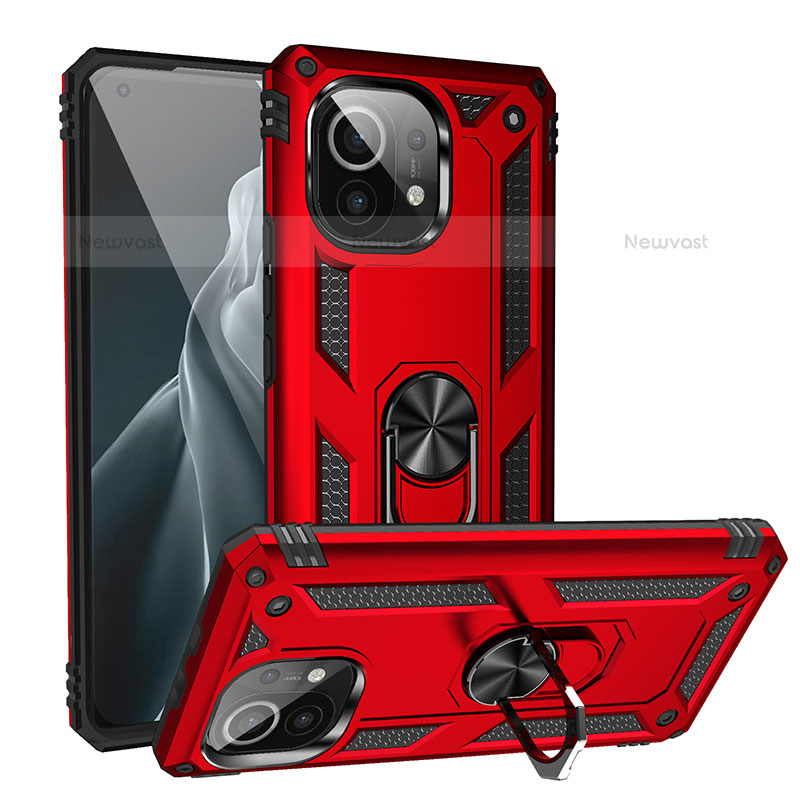 Silicone Matte Finish and Plastic Back Cover Case with Magnetic Finger Ring Stand R02 for Xiaomi Mi 11 5G Red