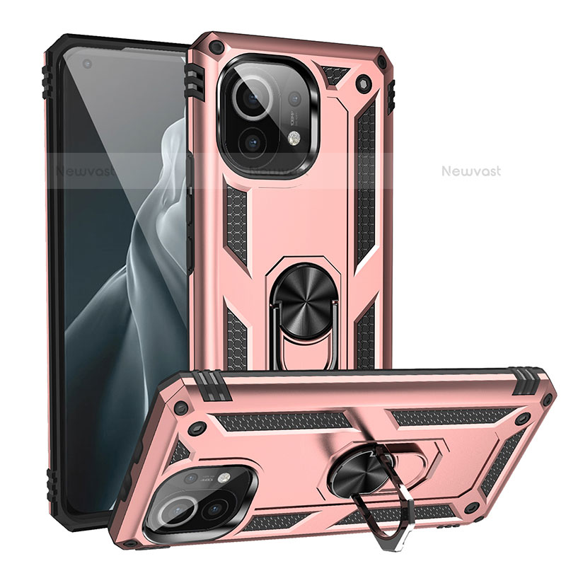 Silicone Matte Finish and Plastic Back Cover Case with Magnetic Finger Ring Stand R02 for Xiaomi Mi 11 5G Rose Gold