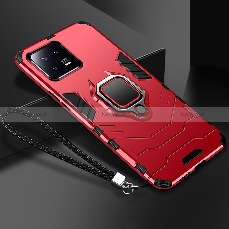 Silicone Matte Finish and Plastic Back Cover Case with Magnetic Finger Ring Stand R02 for Xiaomi Mi 13 5G