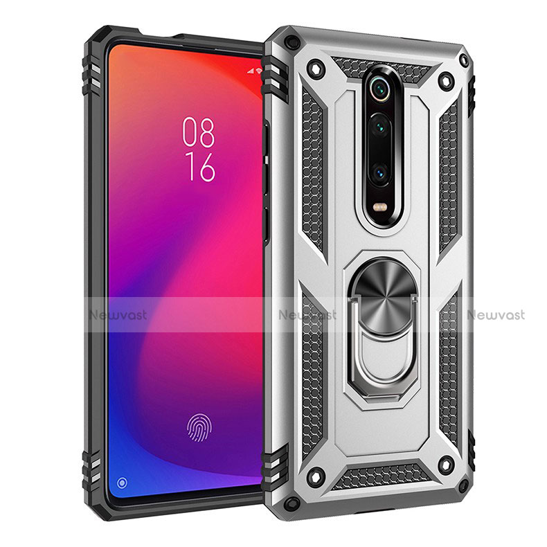 Silicone Matte Finish and Plastic Back Cover Case with Magnetic Finger Ring Stand R02 for Xiaomi Mi 9T