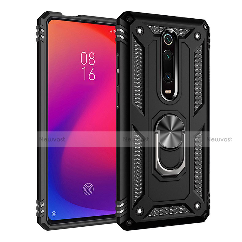 Silicone Matte Finish and Plastic Back Cover Case with Magnetic Finger Ring Stand R02 for Xiaomi Mi 9T Pro