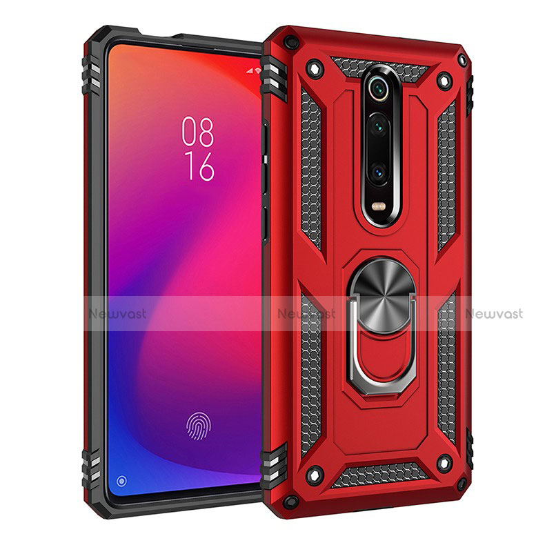 Silicone Matte Finish and Plastic Back Cover Case with Magnetic Finger Ring Stand R02 for Xiaomi Mi 9T Pro