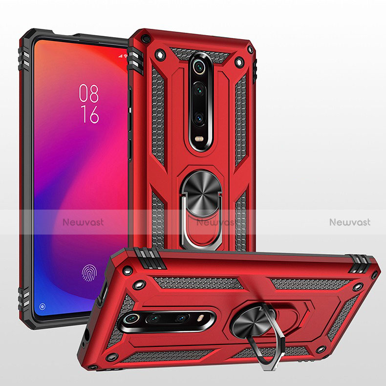 Silicone Matte Finish and Plastic Back Cover Case with Magnetic Finger Ring Stand R02 for Xiaomi Mi 9T Pro