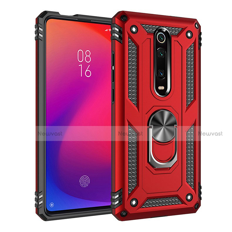 Silicone Matte Finish and Plastic Back Cover Case with Magnetic Finger Ring Stand R02 for Xiaomi Mi 9T Pro Red