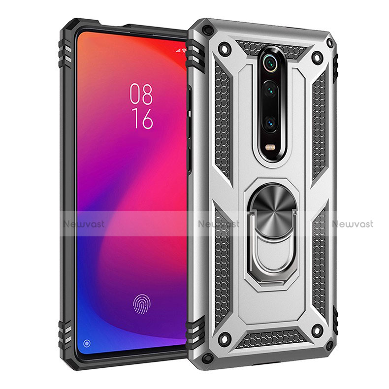 Silicone Matte Finish and Plastic Back Cover Case with Magnetic Finger Ring Stand R02 for Xiaomi Mi 9T Silver
