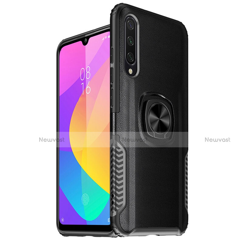 Silicone Matte Finish and Plastic Back Cover Case with Magnetic Finger Ring Stand R02 for Xiaomi Mi A3