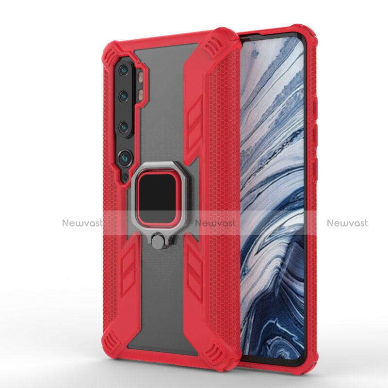 Silicone Matte Finish and Plastic Back Cover Case with Magnetic Finger Ring Stand R02 for Xiaomi Mi Note 10 Red