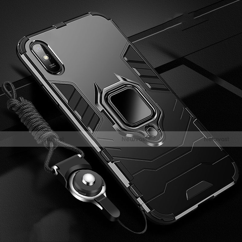 Silicone Matte Finish and Plastic Back Cover Case with Magnetic Finger Ring Stand R02 for Xiaomi Redmi 9i Black