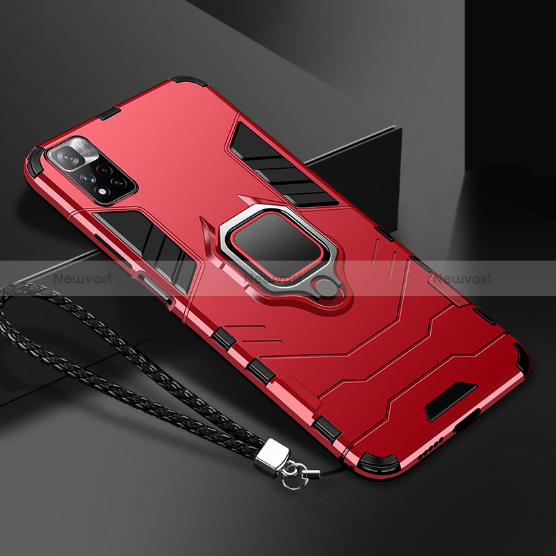 Silicone Matte Finish and Plastic Back Cover Case with Magnetic Finger Ring Stand R02 for Xiaomi Redmi Note 11 Pro+ Plus 5G