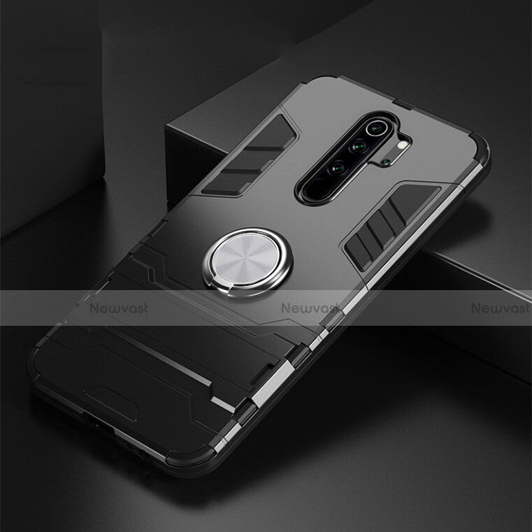 Silicone Matte Finish and Plastic Back Cover Case with Magnetic Finger Ring Stand R02 for Xiaomi Redmi Note 8 Pro