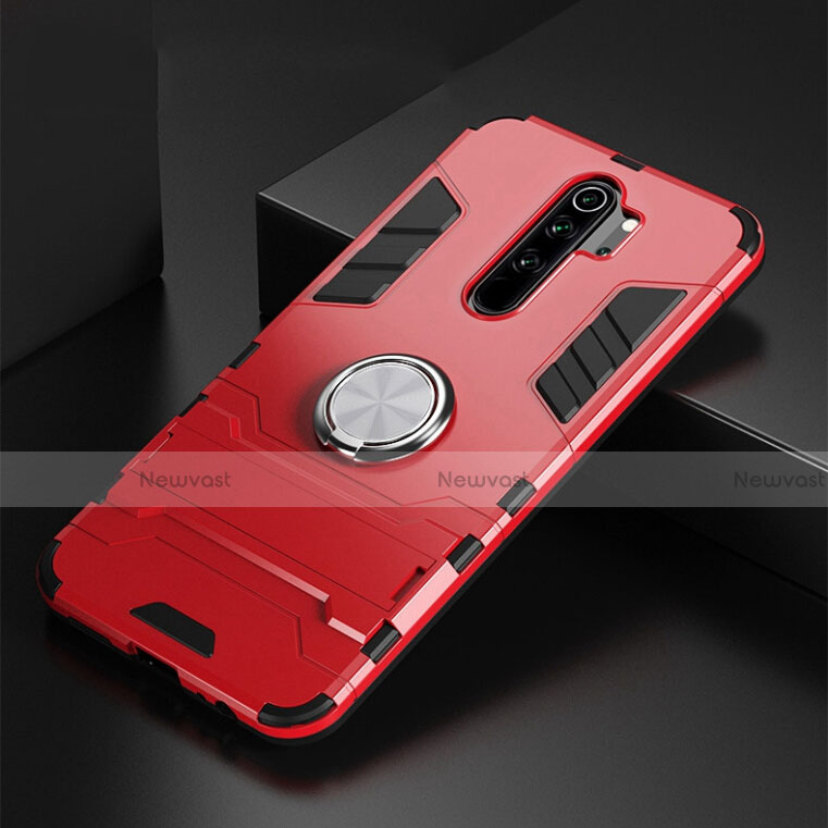 Silicone Matte Finish and Plastic Back Cover Case with Magnetic Finger Ring Stand R02 for Xiaomi Redmi Note 8 Pro