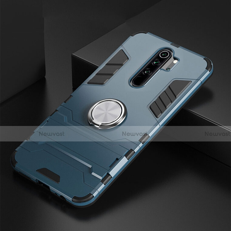 Silicone Matte Finish and Plastic Back Cover Case with Magnetic Finger Ring Stand R02 for Xiaomi Redmi Note 8 Pro Blue