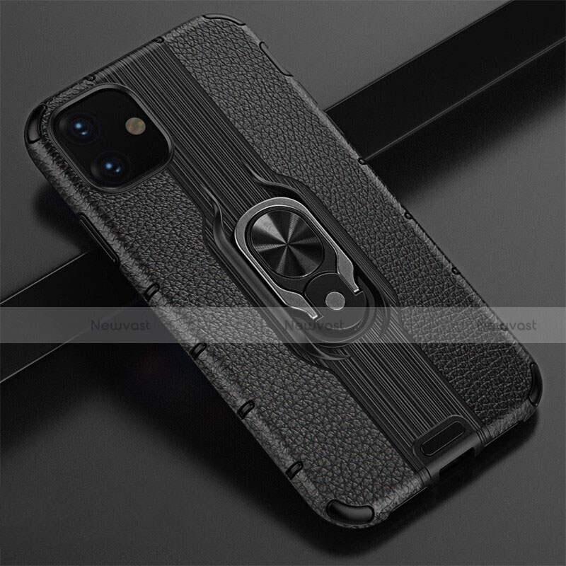 Silicone Matte Finish and Plastic Back Cover Case with Magnetic Finger Ring Stand R03 for Apple iPhone 11 Black