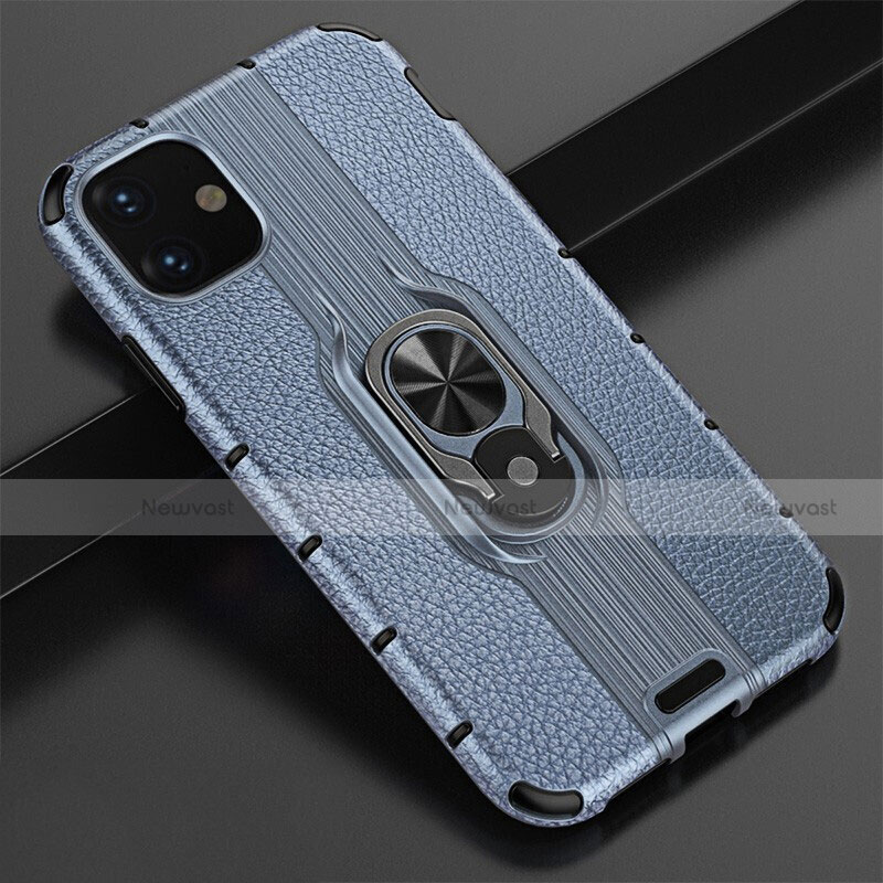 Silicone Matte Finish and Plastic Back Cover Case with Magnetic Finger Ring Stand R03 for Apple iPhone 11 Blue