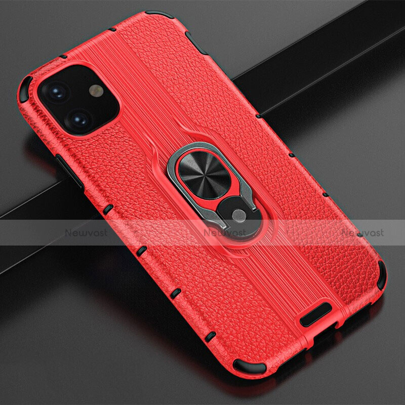 Silicone Matte Finish and Plastic Back Cover Case with Magnetic Finger Ring Stand R03 for Apple iPhone 11 Red