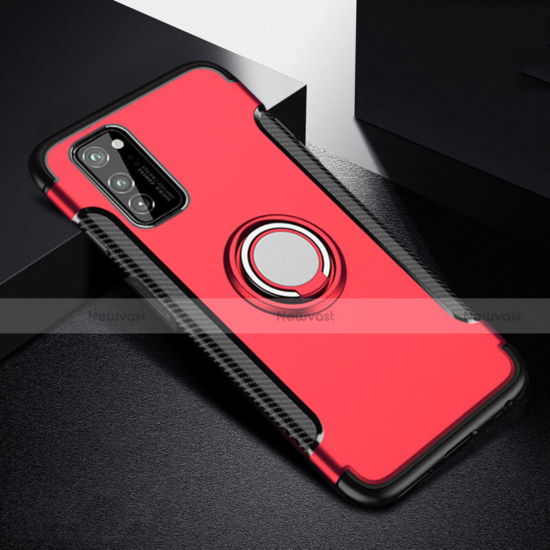 Silicone Matte Finish and Plastic Back Cover Case with Magnetic Finger Ring Stand R03 for Huawei Honor View 30 Pro 5G