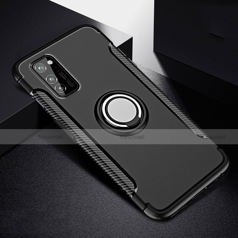 Silicone Matte Finish and Plastic Back Cover Case with Magnetic Finger Ring Stand R03 for Huawei Honor View 30 Pro 5G