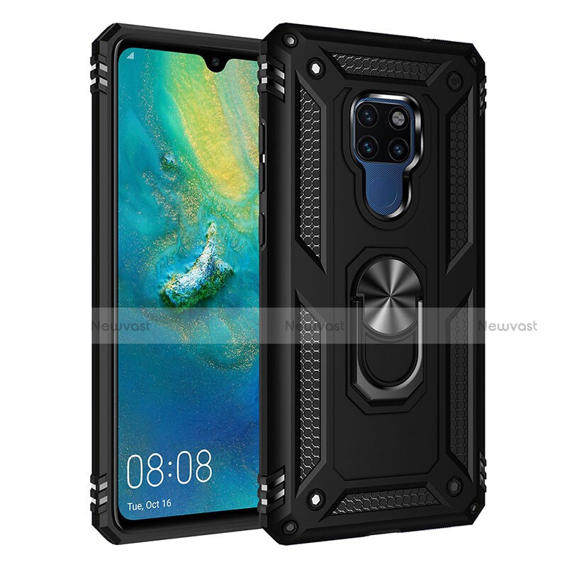 Silicone Matte Finish and Plastic Back Cover Case with Magnetic Finger Ring Stand R03 for Huawei Mate 20