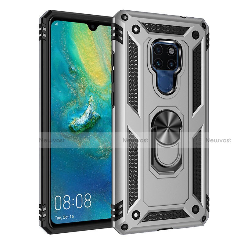 Silicone Matte Finish and Plastic Back Cover Case with Magnetic Finger Ring Stand R03 for Huawei Mate 20