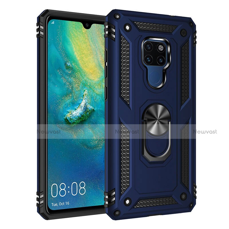 Silicone Matte Finish and Plastic Back Cover Case with Magnetic Finger Ring Stand R03 for Huawei Mate 20 Blue