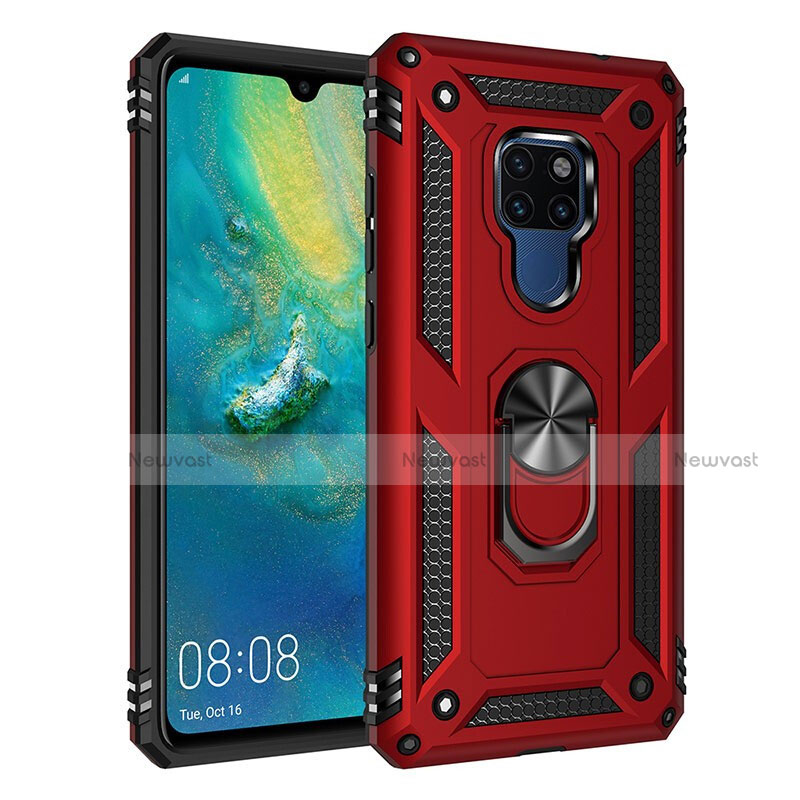 Silicone Matte Finish and Plastic Back Cover Case with Magnetic Finger Ring Stand R03 for Huawei Mate 20 Red