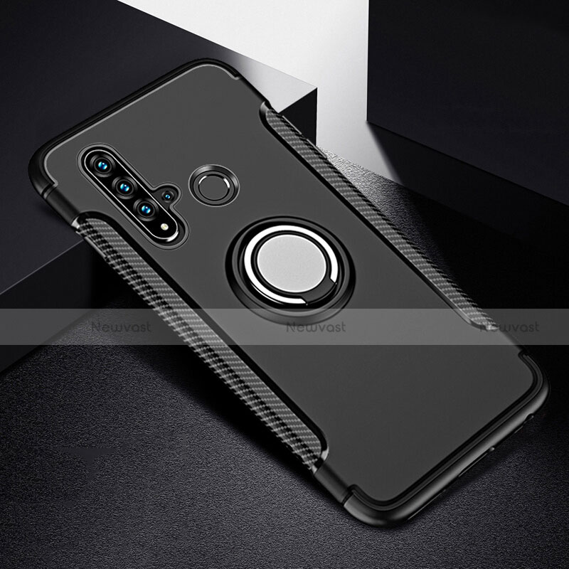 Silicone Matte Finish and Plastic Back Cover Case with Magnetic Finger Ring Stand R03 for Huawei Nova 5i Black