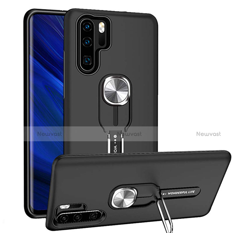 Silicone Matte Finish and Plastic Back Cover Case with Magnetic Finger Ring Stand R03 for Huawei P30 Pro