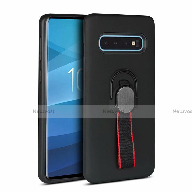 Silicone Matte Finish and Plastic Back Cover Case with Magnetic Finger Ring Stand R03 for Samsung Galaxy S10 5G Black