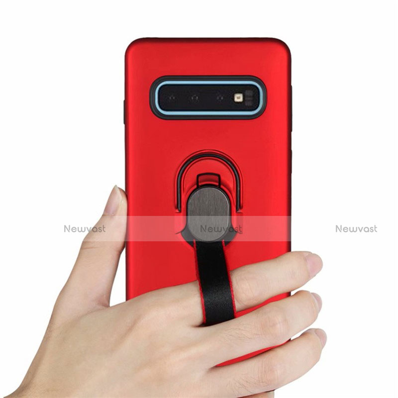 Silicone Matte Finish and Plastic Back Cover Case with Magnetic Finger Ring Stand R03 for Samsung Galaxy S10