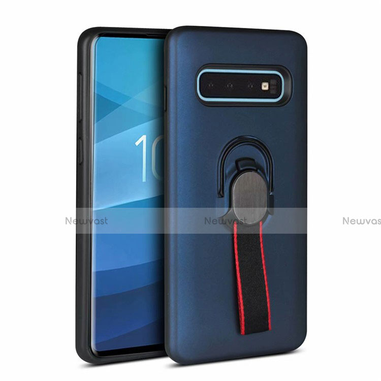 Silicone Matte Finish and Plastic Back Cover Case with Magnetic Finger Ring Stand R03 for Samsung Galaxy S10 Blue