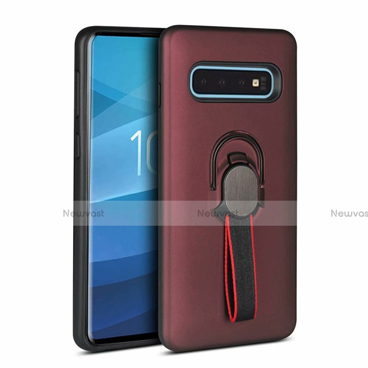 Silicone Matte Finish and Plastic Back Cover Case with Magnetic Finger Ring Stand R03 for Samsung Galaxy S10 Brown