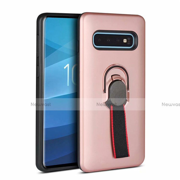 Silicone Matte Finish and Plastic Back Cover Case with Magnetic Finger Ring Stand R03 for Samsung Galaxy S10 Rose Gold