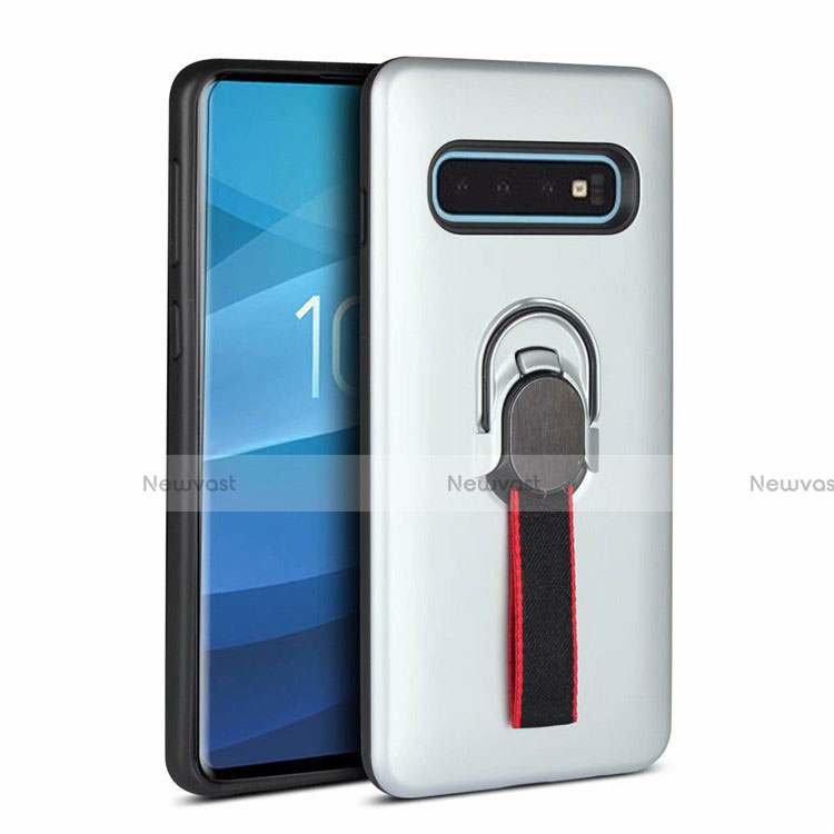 Silicone Matte Finish and Plastic Back Cover Case with Magnetic Finger Ring Stand R03 for Samsung Galaxy S10 White